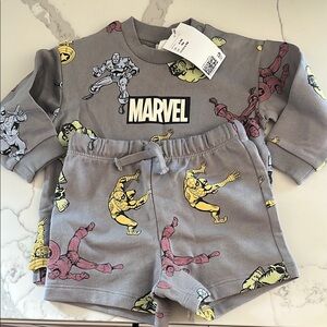 NWT, Marvel Gray Superhero long sleeve and shorts set. Size 9M. 100% cotton.